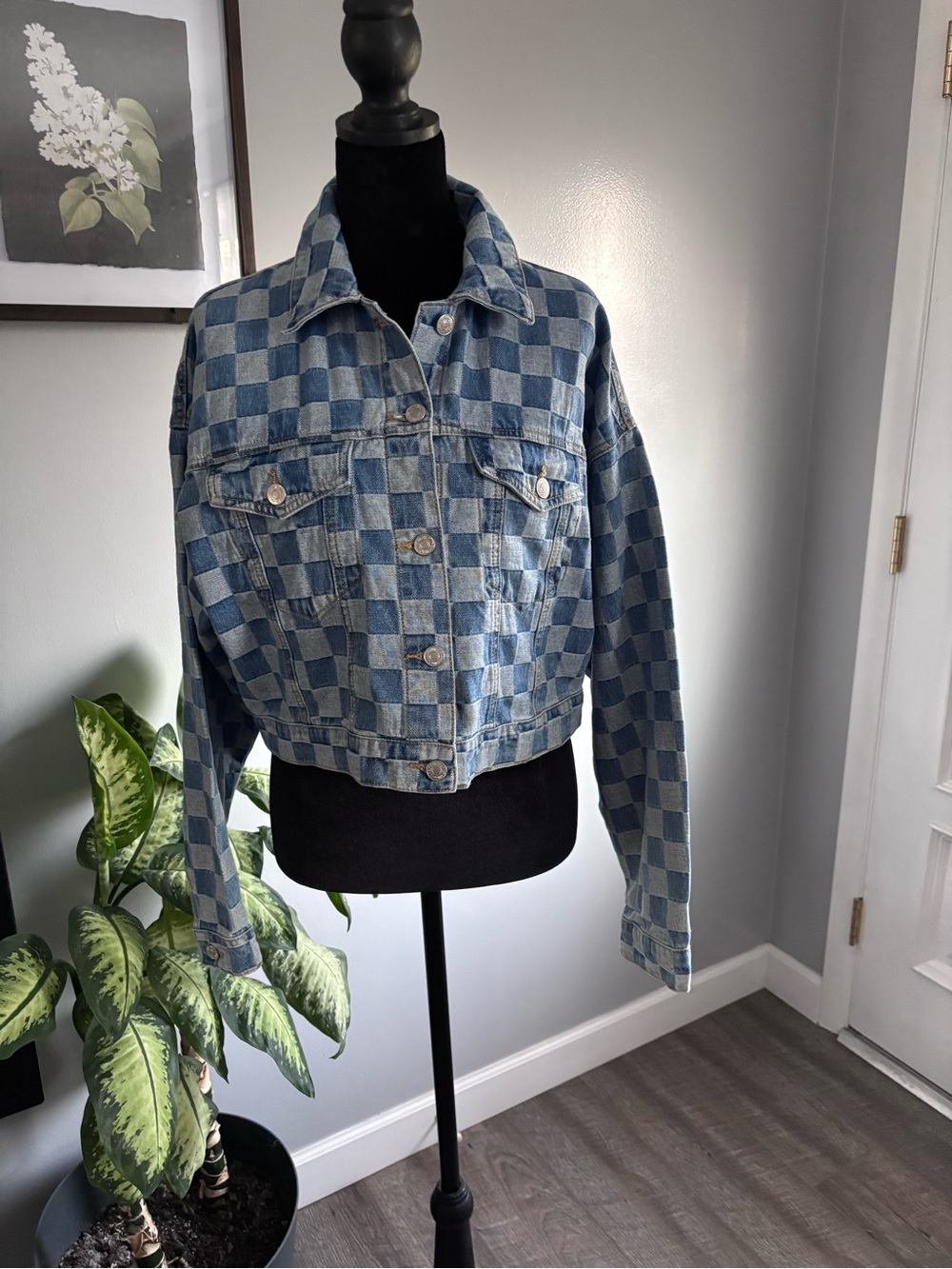 Forever 21 Blue Checked Cropped Denim Jacket